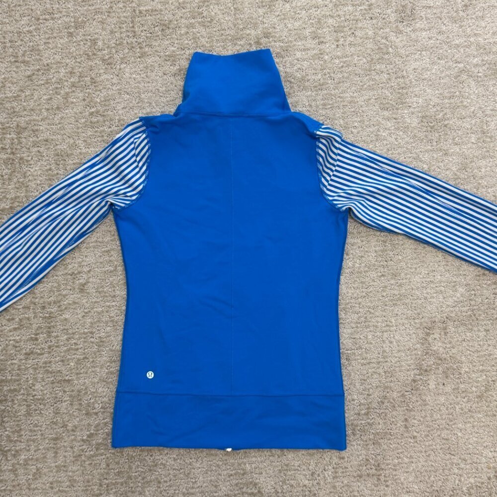 Lululemon Blue Full Zip Yoga Jacket Striped Sleeves | Fitted Athletic Layer - Picture 15 of 16